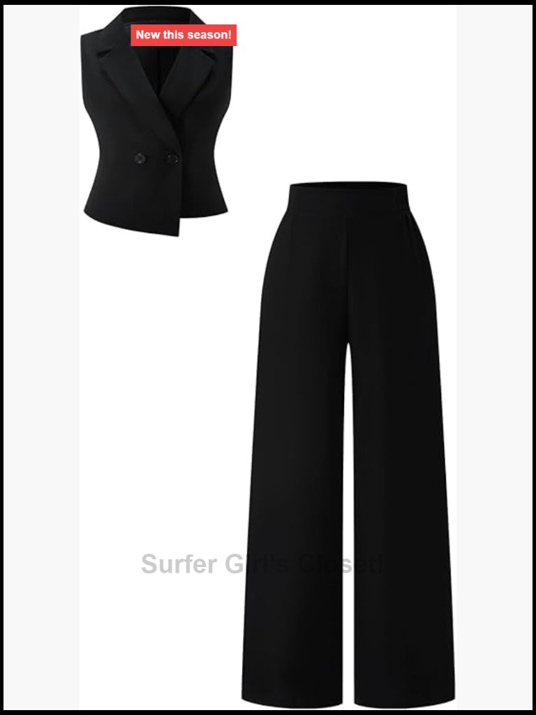 Double Breasted Blazer Vest & Wide Leg Pants Set, Business Casual